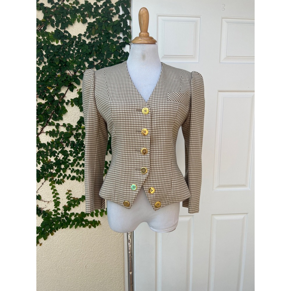 ADOLFO New Work off white and light brown houndstooth blazer jacket